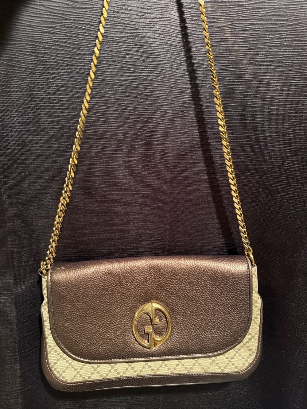 Gucci Brown & Beige Monogram Flap Clutch with Gold Logo - Picture 6 of 6